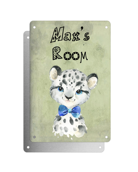 Cute Animal Personalised Name Plaque – Baby Leopard With Blue Bow Tie | Vintage-Style Green Aluminium Sign for Kids’ Room