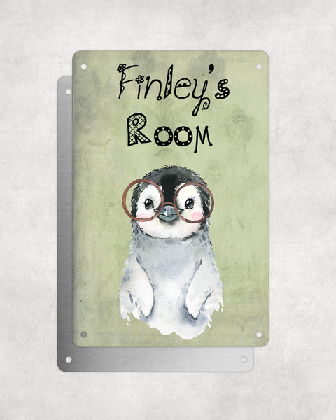 Cute Animal Personalised Name Plaque – Baby Penguin With Brown Glasses | Vintage-Style Green Aluminium Sign for Kids’ Room