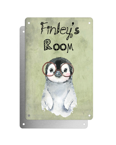 Cute Animal Personalised Name Plaque – Baby Penguin With Brown Glasses | Vintage-Style Green Aluminium Sign for Kids’ Room