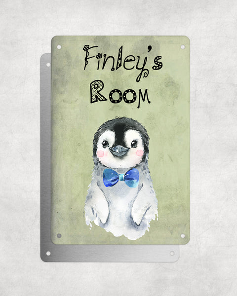 Cute Animal Personalised Name Plaque – Baby Penguin With Blue Bow Tie | Vintage-Style Green Aluminium Sign for Kids’ Room