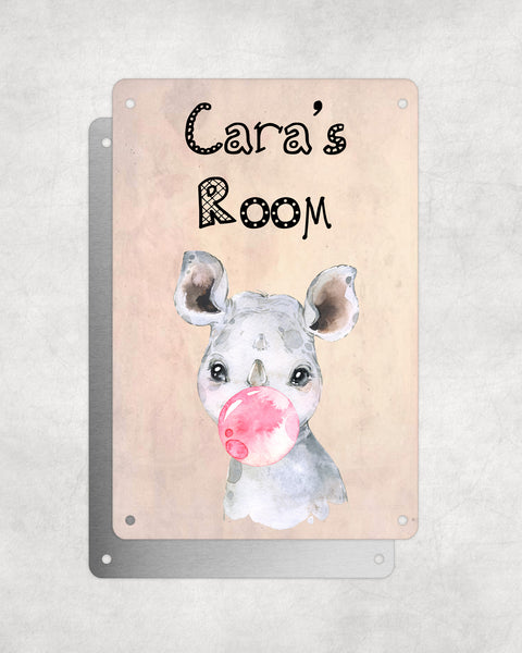 Cute Animal Personalised Name Plaque – Baby Rhino With Bubblegum | Vintage-Style Aluminium Sign for Kids’ Room