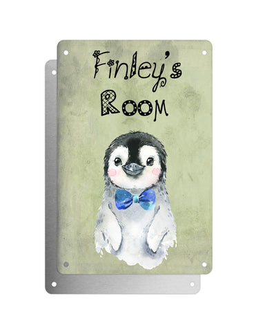 Cute Animal Personalised Name Plaque – Baby Penguin With Blue Bow Tie | Vintage-Style Green Aluminium Sign for Kids’ Room