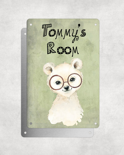 Cute Animal Personalised Name Plaque – Little Polar Bear With Brown Glasses | Vintage-Style Green Aluminium Sign for Kids’ Room