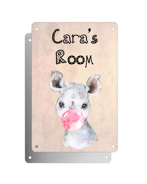 Cute Animal Personalised Name Plaque – Baby Rhino With Bubblegum | Vintage-Style Aluminium Sign for Kids’ Room