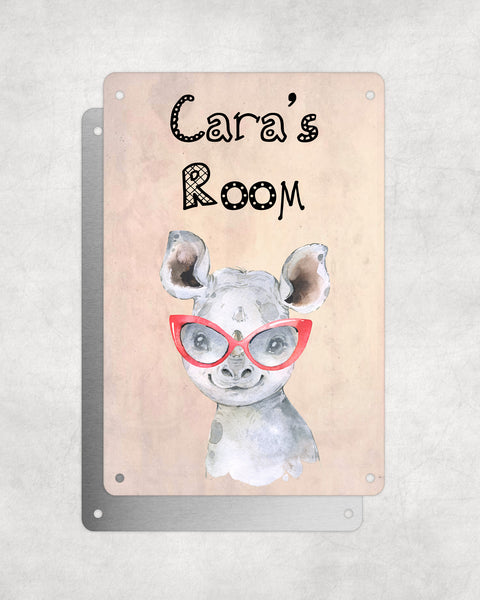 Cute Animal Personalised Name Plaque – Baby Rhino With Red Glasses | Vintage-Style Aluminium Sign for Kids’ Room