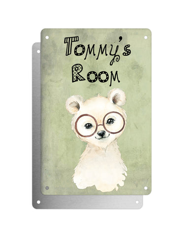 Cute Animal Personalised Name Plaque – Little Polar Bear With Brown Glasses | Vintage-Style Green Aluminium Sign for Kids’ Room