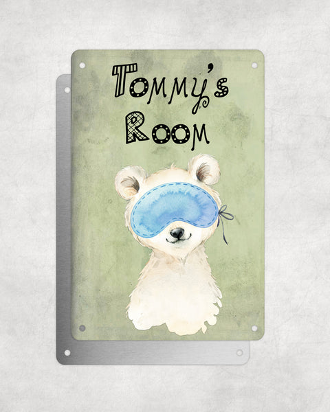 Cute Animal Personalised Name Plaque – Little Polar Bear With Sleep Mask | Vintage-Style Green Aluminium Sign for Kids’ Room