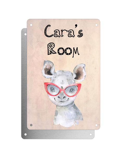 Cute Animal Personalised Name Plaque – Baby Rhino With Red Glasses | Vintage-Style Aluminium Sign for Kids’ Room
