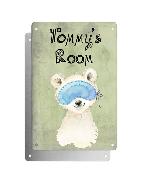 Cute Animal Personalised Name Plaque – Little Polar Bear With Sleep Mask | Vintage-Style Green Aluminium Sign for Kids’ Room