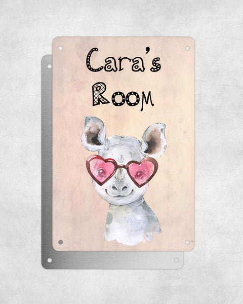 Cute Animal Personalised Name Plaque – Baby Rhino With Heart Glasses | Vintage-Style Aluminium Sign for Kids’ Room