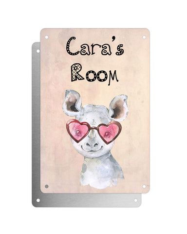 Cute Animal Personalised Name Plaque – Baby Rhino With Heart Glasses | Vintage-Style Aluminium Sign for Kids’ Room