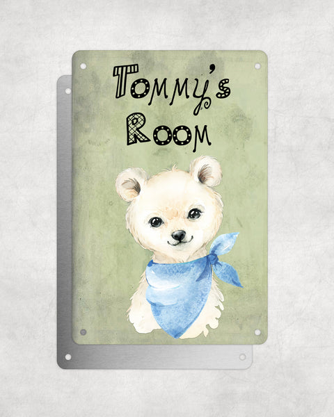 Cute Animal Personalised Name Plaque – Little Polar Bear With Blue Neck Tie | Vintage-Style Green Aluminium Sign for Kids’ Room