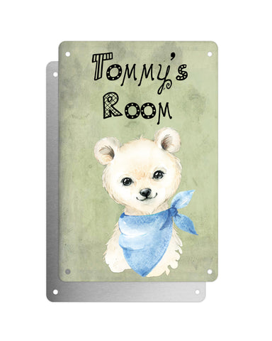 Cute Animal Personalised Name Plaque – Little Polar Bear With Blue Neck Tie | Vintage-Style Green Aluminium Sign for Kids’ Room
