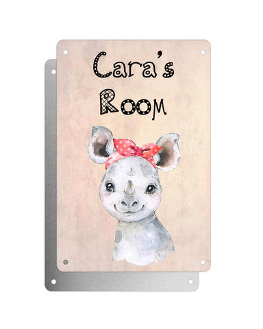 Cute Animal Personalised Name Plaque – Baby Rhino With Head Tie | Vintage-Style Aluminium Sign for Kids’ Room