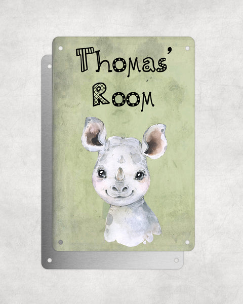 Cute Animal Personalised Name Plaque – Baby Rhino | Vintage-Style Green Aluminium Sign for Kids’ Room