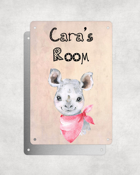 Cute Animal Personalised Name Plaque – Baby Rhino With Pink Neck Tie | Vintage-Style Aluminium Sign for Kids’ Room