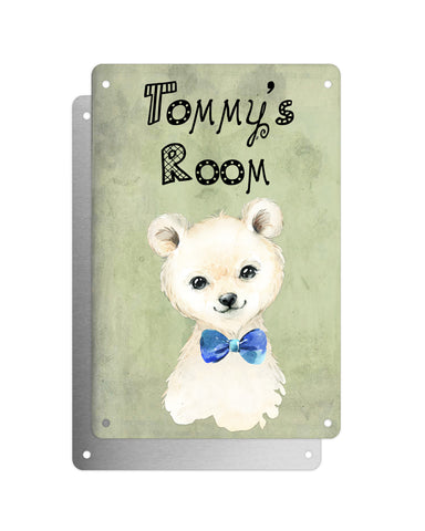 Cute Animal Personalised Name Plaque – Little Polar Bear With Blue Bow Tie | Vintage-Style Green Aluminium Sign for Kids’ Room