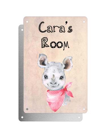 Cute Animal Personalised Name Plaque – Baby Rhino With Pink Neck Tie | Vintage-Style Aluminium Sign for Kids’ Room