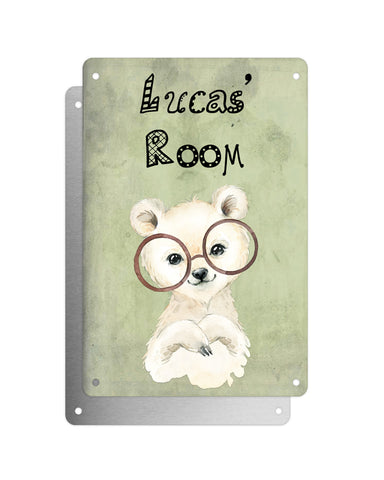 Cute Animal Personalised Name Plaque – Baby Polar Bear With Brown Glasses | Vintage-Style Green Aluminium Sign for Kids’ Room