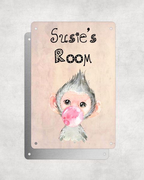 Cute Animal Personalised Name Plaque – Baby Monkey With Bubblegum | Vintage-Style Aluminium Sign for Kids’ Room