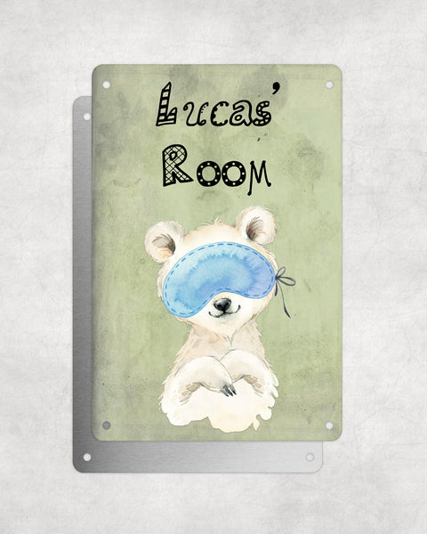 Cute Animal Personalised Name Plaque – Baby Polar Bear With Sleep Mask | Vintage-Style Green Aluminium Sign for Kids’ Room