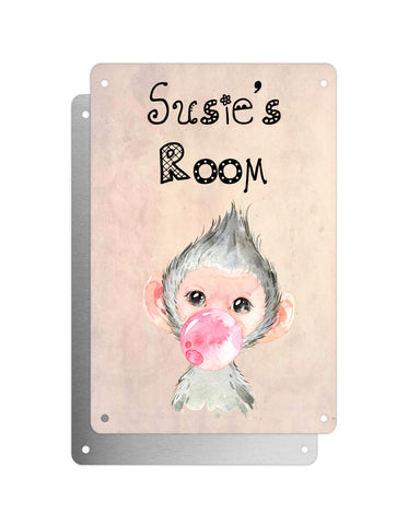 Cute Animal Personalised Name Plaque – Baby Monkey With Bubblegum | Vintage-Style Aluminium Sign for Kids’ Room