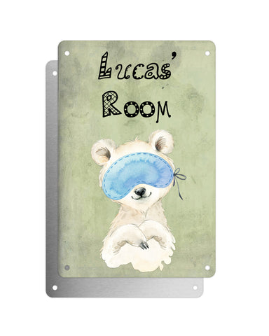 Cute Animal Personalised Name Plaque – Baby Polar Bear With Sleep Mask | Vintage-Style Green Aluminium Sign for Kids’ Room
