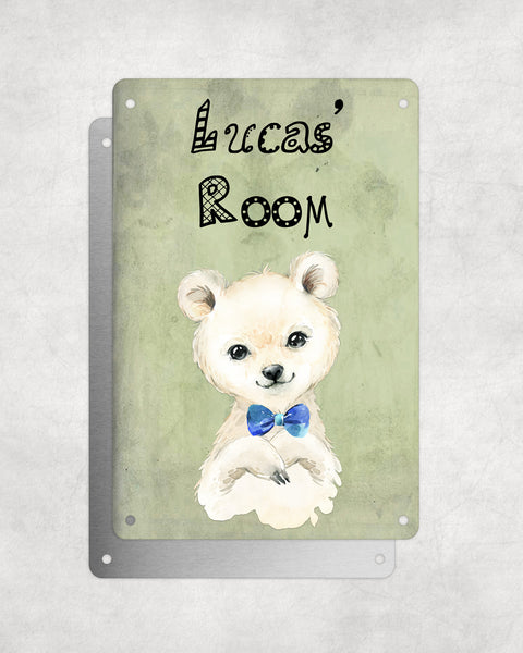 Cute Animal Personalised Name Plaque – Baby Polar Bear With Blue Bow Tie | Vintage-Style Green Aluminium Sign for Kids’ Room