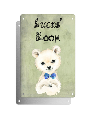 Cute Animal Personalised Name Plaque – Baby Polar Bear With Blue Bow Tie | Vintage-Style Green Aluminium Sign for Kids’ Room