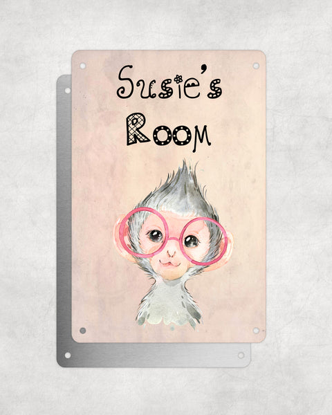 Cute Animal Personalised Name Plaque – Baby Monkey With Pink Glasses | Vintage-Style Aluminium Sign for Kids’ Room