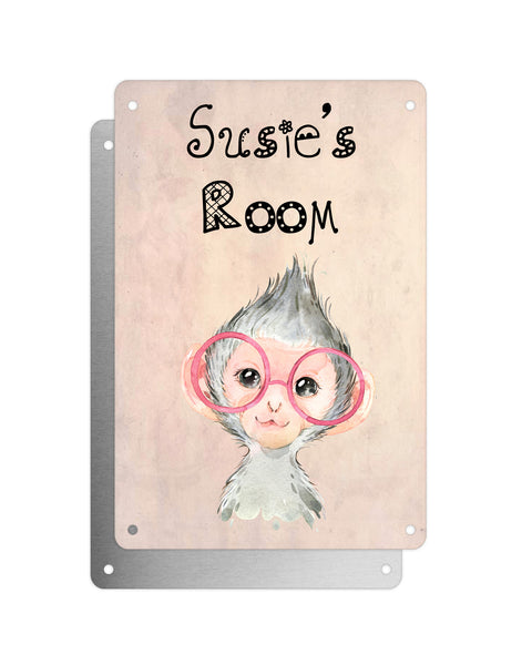Cute Animal Personalised Name Plaque – Baby Monkey With Pink Glasses | Vintage-Style Aluminium Sign for Kids’ Room