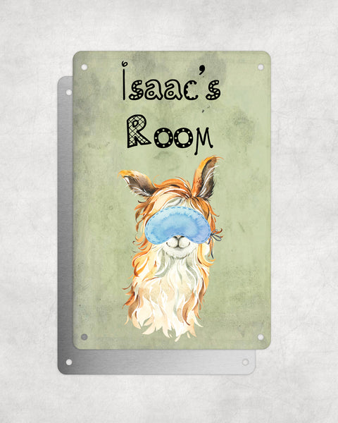 Cute Animal Personalised Name Plaque – Funny Llama With Beachy Waves & Sleep Mask | Vintage-Style Green Aluminium Sign for Kids’ Room