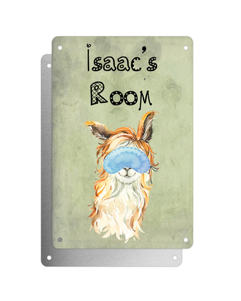 Cute Animal Personalised Name Plaque – Funny Llama With Beachy Waves & Sleep Mask | Vintage-Style Green Aluminium Sign for Kids’ Room