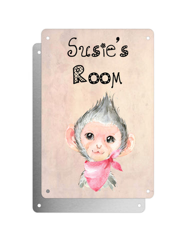 Cute Animal Personalised Name Plaque – Baby Monkey With Pink Neck Tie | Vintage-Style Aluminium Sign for Kids’ Room