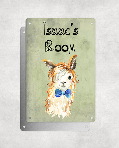 Cute Animal Personalised Name Plaque – Funny Llama With Beachy Waves & Blue Bow Tie | Vintage-Style Green Aluminium Sign for Kids’ Room