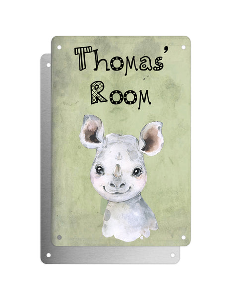 Cute Animal Personalised Name Plaque – Baby Rhino | Vintage-Style Green Aluminium Sign for Kids’ Room