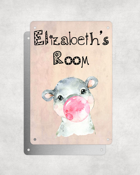 Cute Animal Personalised Name Plaque – Baby Hippo With Bubblegum | Vintage-Style Aluminium Sign for Kids’ Room