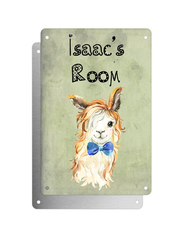 Cute Animal Personalised Name Plaque – Funny Llama With Beachy Waves & Blue Bow Tie | Vintage-Style Green Aluminium Sign for Kids’ Room