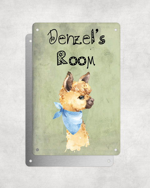Cute Animal Personalised Name Plaque – Little Brown Llama With Blue Neck Tie | Vintage-Style Green Aluminium Sign for Kids’ Room