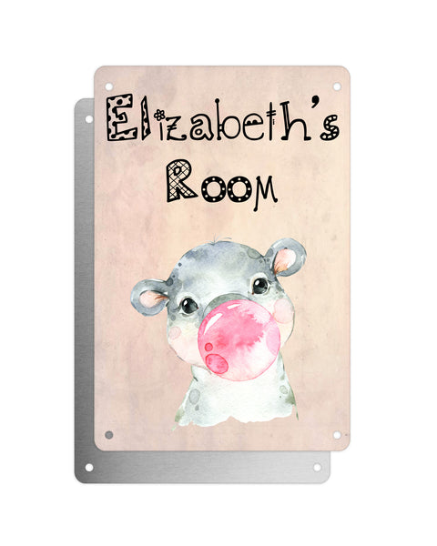 Cute Animal Personalised Name Plaque – Baby Hippo With Bubblegum | Vintage-Style Aluminium Sign for Kids’ Room