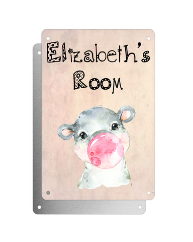 Cute Animal Personalised Name Plaque – Baby Hippo With Bubblegum | Vintage-Style Aluminium Sign for Kids’ Room