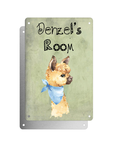 Cute Animal Personalised Name Plaque – Little Brown Llama With Blue Neck Tie | Vintage-Style Green Aluminium Sign for Kids’ Room