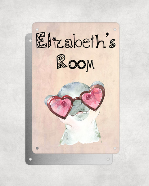 Cute Animal Personalised Name Plaque – Baby Hippo With Heart Glasses | Vintage-Style Aluminium Sign for Kids’ Room