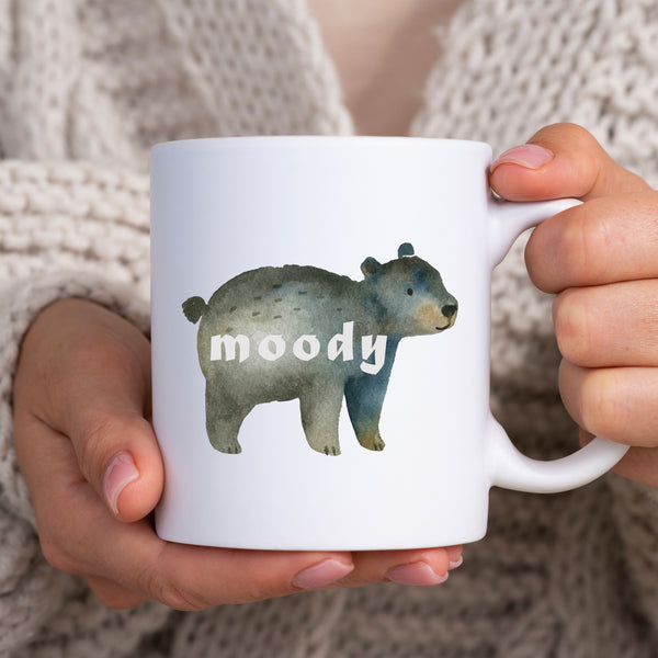Moody, Funny Birthday Gift with Cute Bear Design, Personalised Mug