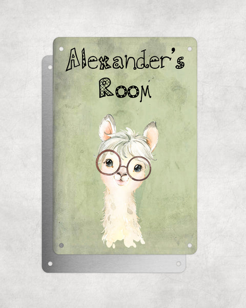 Cute Animal Personalised Name Plaque – Little White Llama With Brown Glasses | Vintage-Style Green Aluminium Sign for Kids’ Room