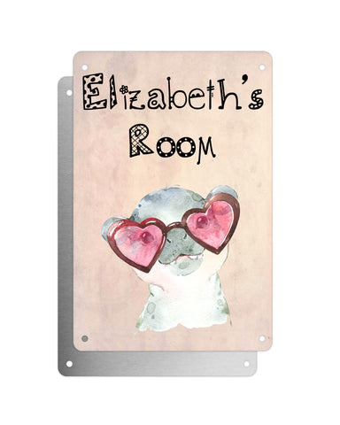 Cute Animal Personalised Name Plaque – Baby Hippo With Heart Glasses | Vintage-Style Aluminium Sign for Kids’ Room