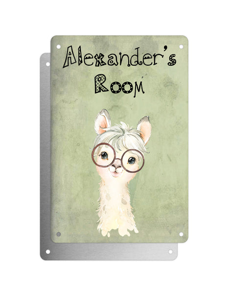 Cute Animal Personalised Name Plaque – Little White Llama With Brown Glasses | Vintage-Style Green Aluminium Sign for Kids’ Room