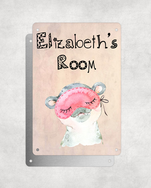 Cute Animal Personalised Name Plaque – Baby Hippo With Sleep Mask | Vintage-Style Aluminium Sign for Kids’ Room