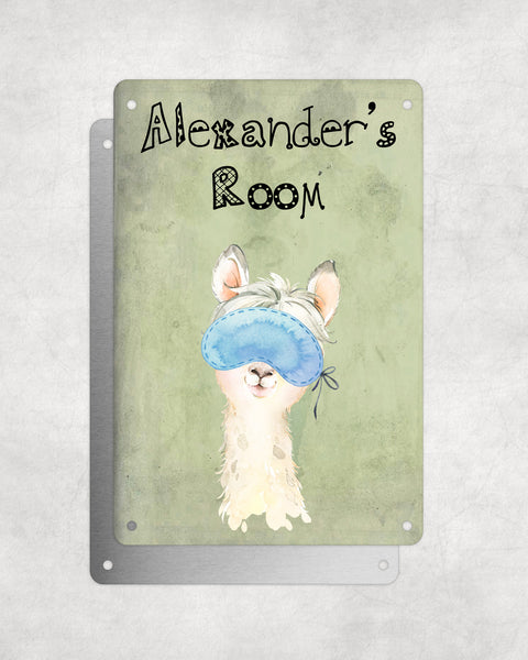 Cute Animal Personalised Name Plaque – Little White Llama With Sleep Mask | Vintage-Style Green Aluminium Sign for Kids’ Room