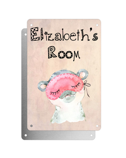 Cute Animal Personalised Name Plaque – Baby Hippo With Sleep Mask | Vintage-Style Aluminium Sign for Kids’ Room